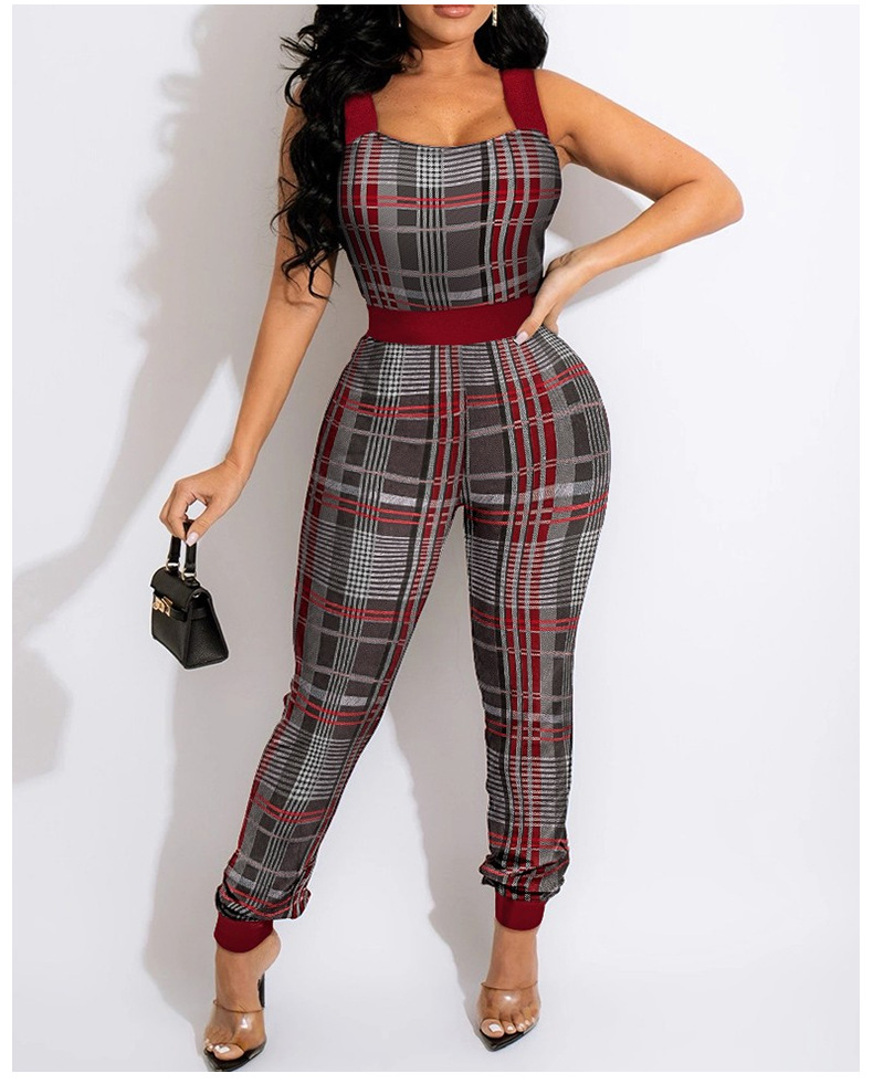 print plaid stripe waist suspender slim jumpsuit NSZCQ126705