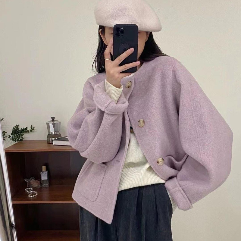 Summer New Purple Wool Coat for Women, Short Loose Round Neck Petite New Chenille Coat