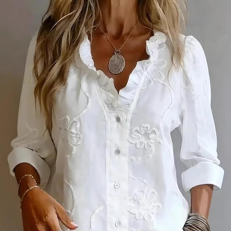 2026 Amazon Temu Independent Site Spring and Summer Lace Printed Cotton and Linen Sweet Shirt