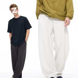 美式休闲系带简约通勤宽松休闲裤男亲肤坠感阔腿弯刀裤子黑色现货