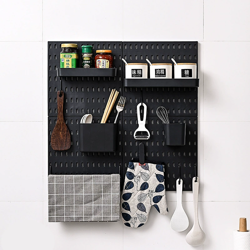 Kitchen wall pegboard organizer panel, plastic black, modular hooks & shelves, wholesale codes B001–B201