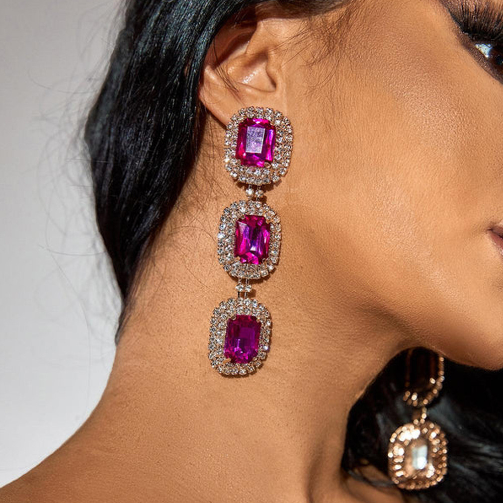 Exaggerated Square Copper Plating Inlay Rhinestones Drop Earrings 1 Pair