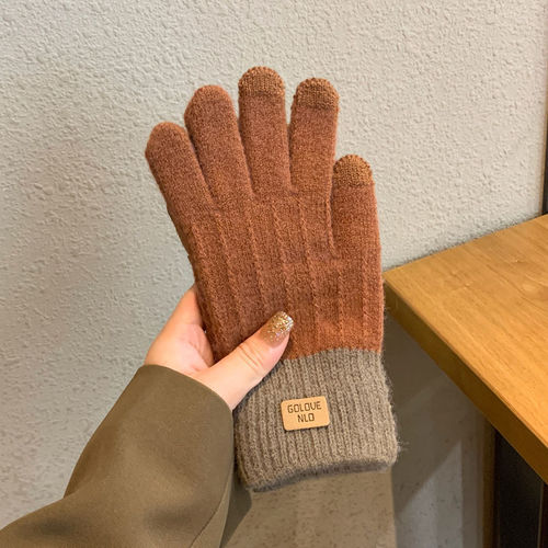 Knitted touch screen gloves for women autumn and winter warm anti-slip velvet gloves thickened Korean style unisex woolen gloves