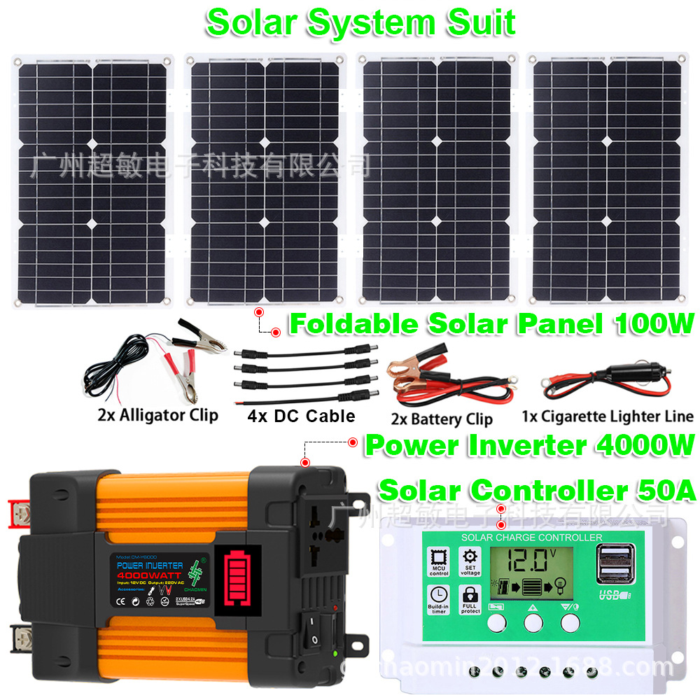 Solar Panel 100W Portable Outdoor PoWer Supply Energy Storage Solar System Set Inverter 4000W Controller