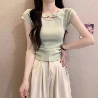薄荷绿蝴蝶结短袖上衣女夏日2025新款多巴胺掐腰修身显瘦独特漂亮