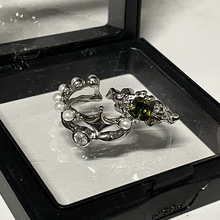 批发小众原创设计感橄榄绿镶钻锆石开口戒指简约法式高级网红指环