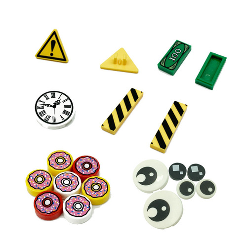 Small Particle Building Block Printed Clock Eyes Pizza Cookies New Year Fortune Character Road Barrier Parts Figure Accessories
