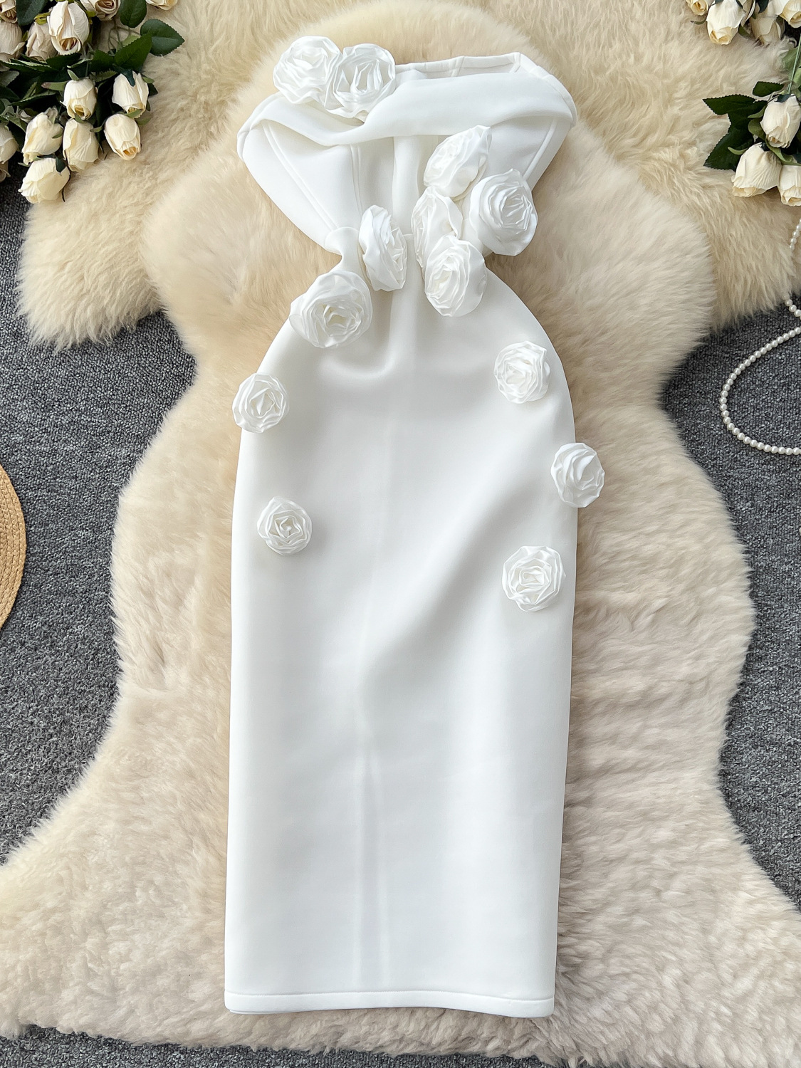 Tube Top Dress for European and American Ladies, Heavy-Duty Three-Dimensional Flower Sleeveless Waist Slimming Dress with Hip-Hugging Dress