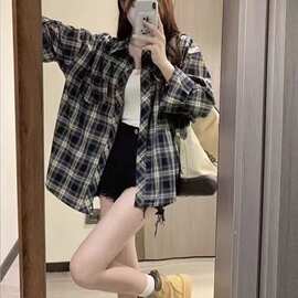 美式复古格子衬衫女设计感宽松长袖衬衣外套图片色