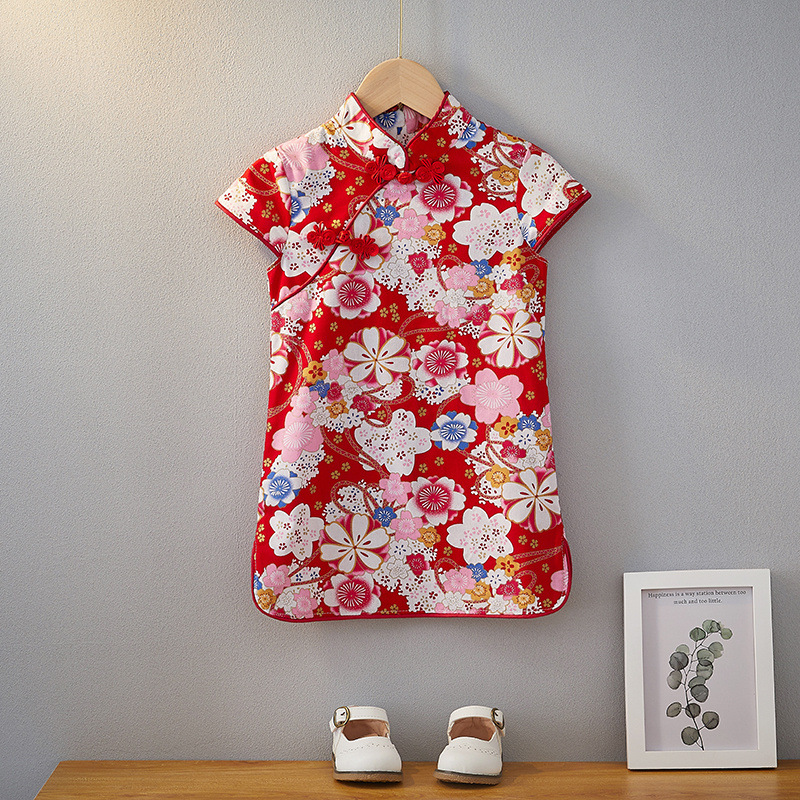 girl Cheongsam skirt 2021 new pattern Summer wear Little Girl A summer Hanfu Tang costume children Western style Broken flowers Dress