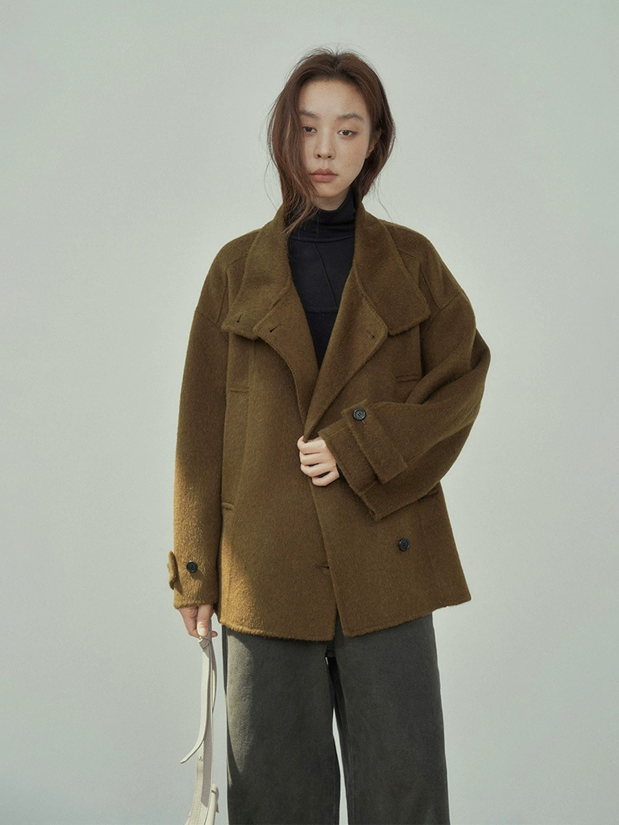 Short double‑side wool jacket, women's retro winter leisure, belted, one size