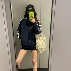 藏青色两条杠外套女立领上衣美式复古棒球服秋季夹克衫休闲运动风