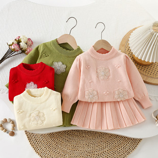 Children's sweater, autumn demi-season knitted cute fashionable set girl's with a round collar, Korean style