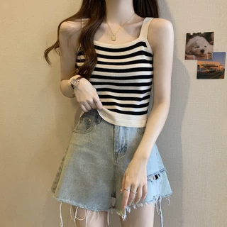 吊带背心女夏设计感撞色条纹显瘦内搭外穿无袖甜辣妹短款针织