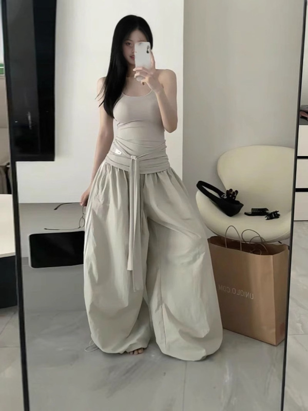 美式低腰阔腿裤条纹休闲运动裤女夏季速干宽松降落伞兵裤跳舞长裤|undefined