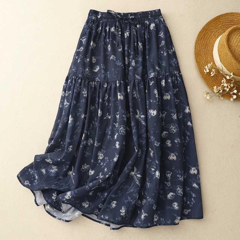 Реальный выстрел 2025 года новая эластическая талия идиллический принт с уменьшением возраста Юбка Юбка Женская