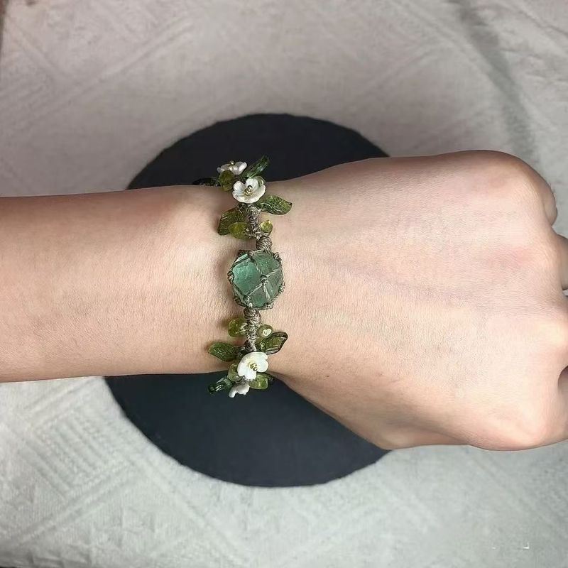 macrame Hand-Woven Bracelet Green Fluorite Stone Crystal Pearl Bell Playful and Sweet Mori Handstring