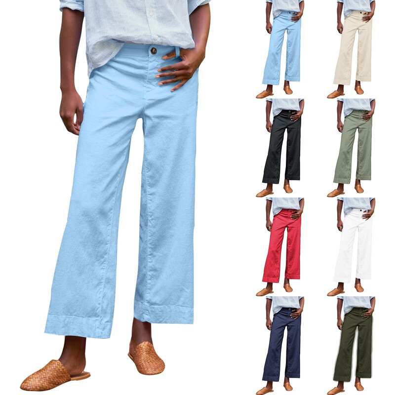 Amazon European and American Women's High Waist Button Waist Solid Color Nine-point Micro-pull Loose Wide-leg Women's Pants Amazon European and American Women's High Waist Button Waist Solid Color Nine-point Micro-pull Loose Wide-leg Women's Pants