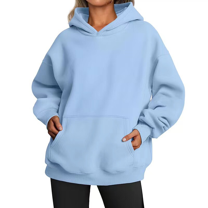 Amazon Autumn and Winter Fleece Street Hip-Hop Hooded Sweatshirt for Women Solid Color Long-Sleeved Pocket Loose Pullover Sweatshirt