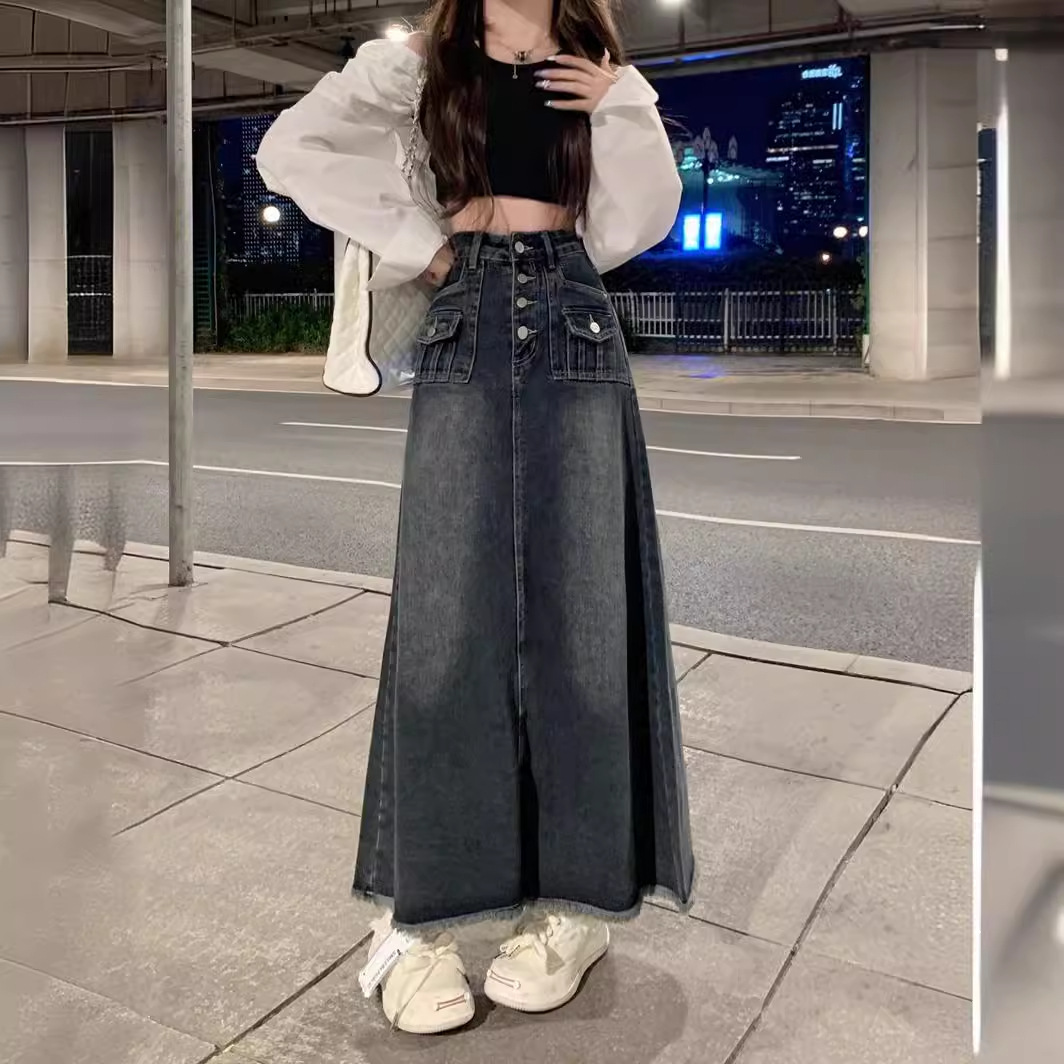 蓝色港风高腰毛边牛仔裙秋季女复古半身裙A字裙设计感小众长裙子