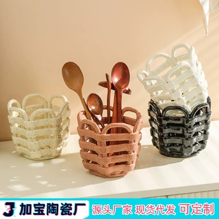 小红书跨境爆款化妆收纳刷笔筒装饰品 手工编织陶瓷刀叉勺子筒