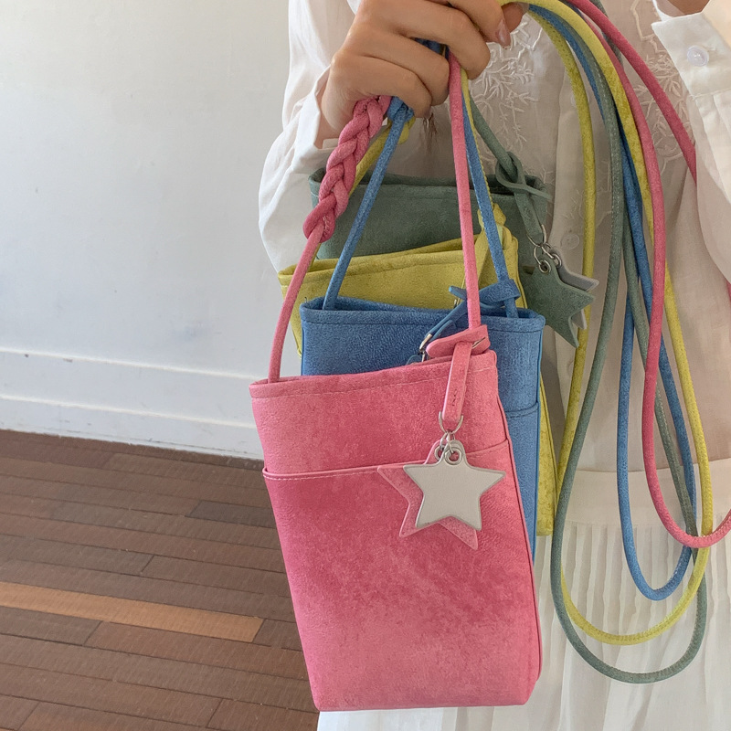 2026 New Model Frosted Wax Leather Phone Bag Korean Style Star Pendant Crossbody Small Bag Multi-color Versatile Shoulder Bag for Women Wholesale