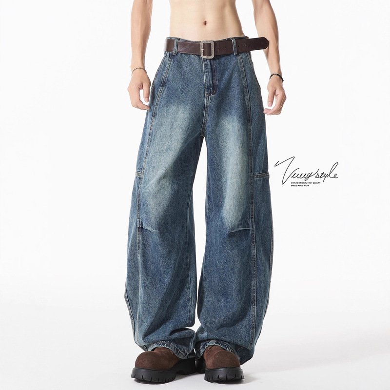 American Retro Blue Scimitar Jeans for Men, Spring, Autumn, and Summer Trendy Brand, Stylish Loose Straight-Leg Wide-Leg Pants for Men