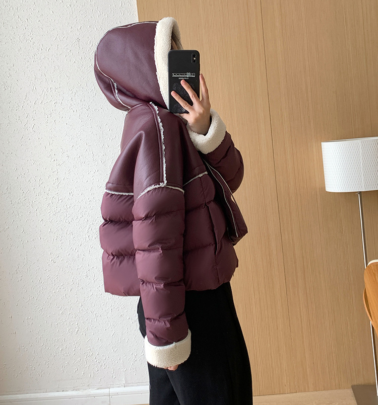 Giacca corta europea in piumino per donna stile corto cuciture colore a contrasto pelle PU leggera lusso alta qualità maglione largo 2024 nuovo inverno_voghion.com