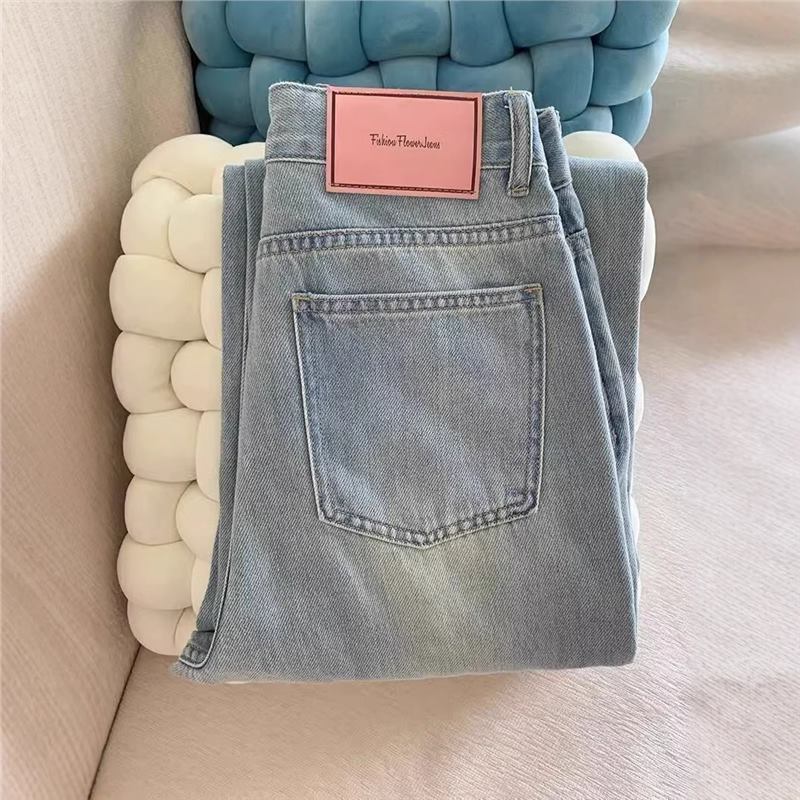 American-Style Personalized Leather Patch Loose-Fitting Slimming Jeans for Women, Spring and Autumn Straight High-Waisted Versatile Drapey Wide-Leg Pants American-Style Personalized Leather Patch Loose-Fitting Slimming Jeans for Women, Spring and Autumn Straight High-Waisted Versatile Drapey Wide-Leg Pants