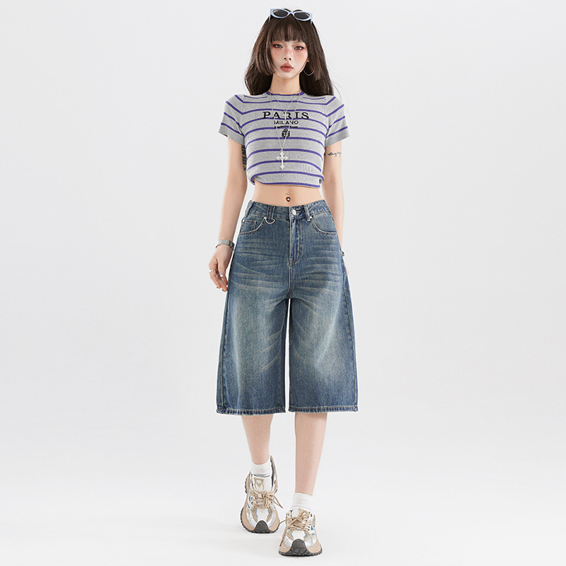 American Style Retro Wide Leg Cropped Jeans Women's 2025 Summer New Loose Slimming Fashion Trendy All-match Mid-length Pants