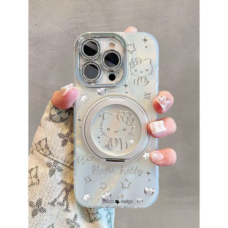 Cute Silver Kt Cat 360 Rotating Stand Iphone17Promax Apple 16 Phone Case 14 Women's Full Cover