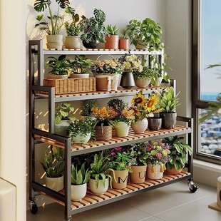 Flower Rack Storage Rack Balcony Flower Rack Living Room Floor-Standing Mobile New Multi-Layer Succulent Bracket Plant Corner with Wheels