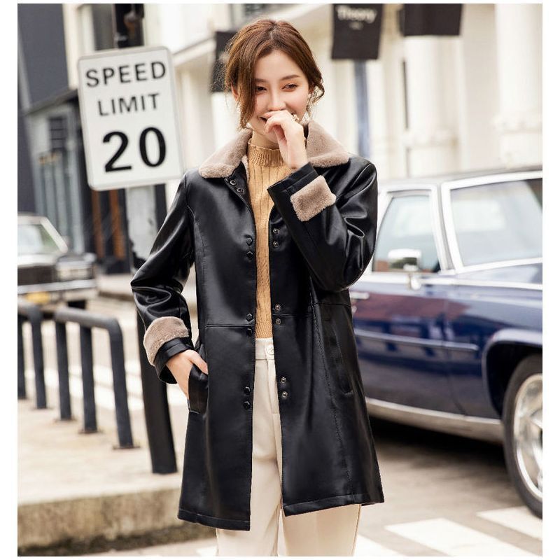 Casual fleece-lined plus size long leather women's coat 931