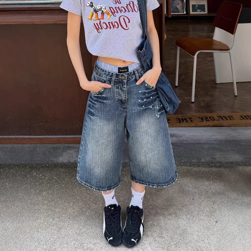 Plus-Size American Retro Rhinestone-Embellished Bamboo Denim Cropped Pants for Men and Women, Summer Washed Loose Wide-Leg Mid-Length Pants for Women Plus-Size American Retro Rhinestone-Embellished Bamboo Denim Cropped Pants for Men and Women, Summer Washed Loose Wide-Leg Mid-Length Pants for Women