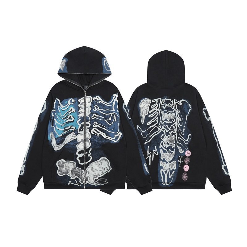 Trendy Hooded Cardigan Sweatshirt Travis Scott X Kaws Collaboration Design, Fleece-Lined, Loose Fit, Black Skull Design