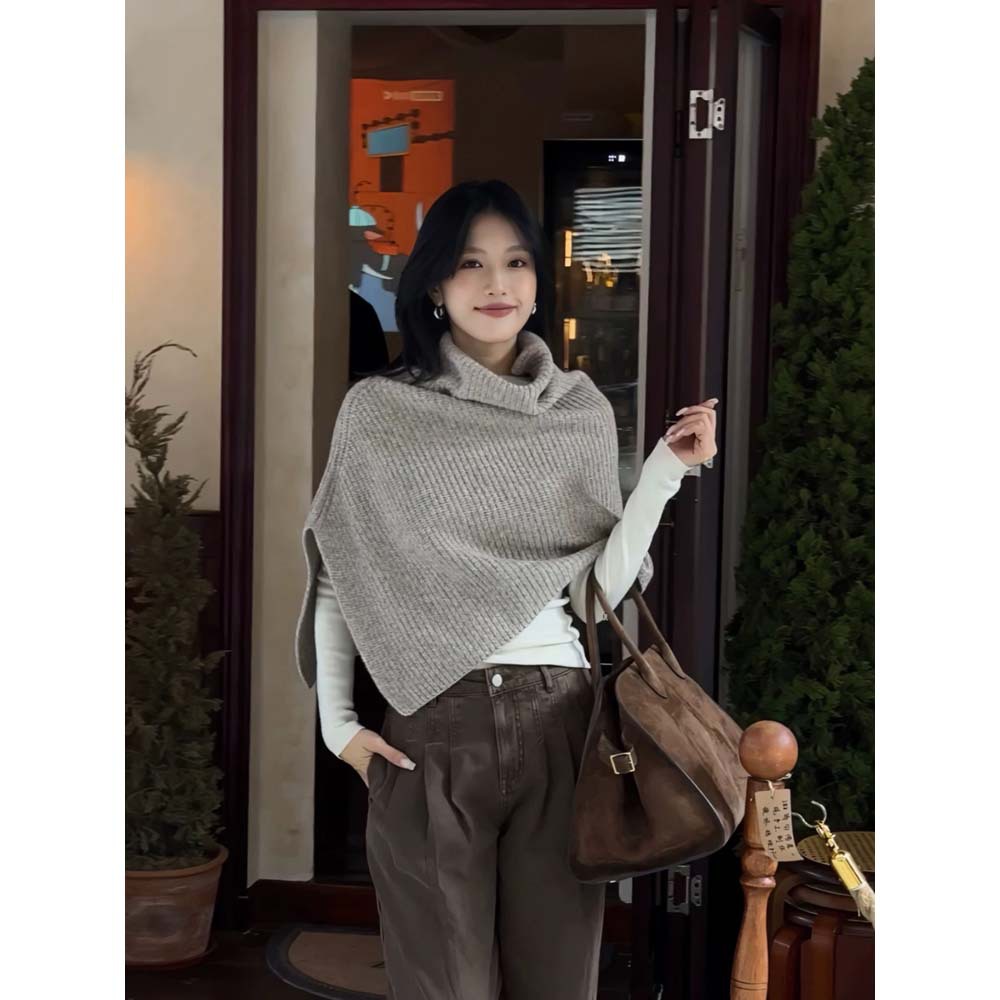 黑色高领针织围巾女早秋季厚高级感叠穿开叉披肩斗篷围脖上衣短款