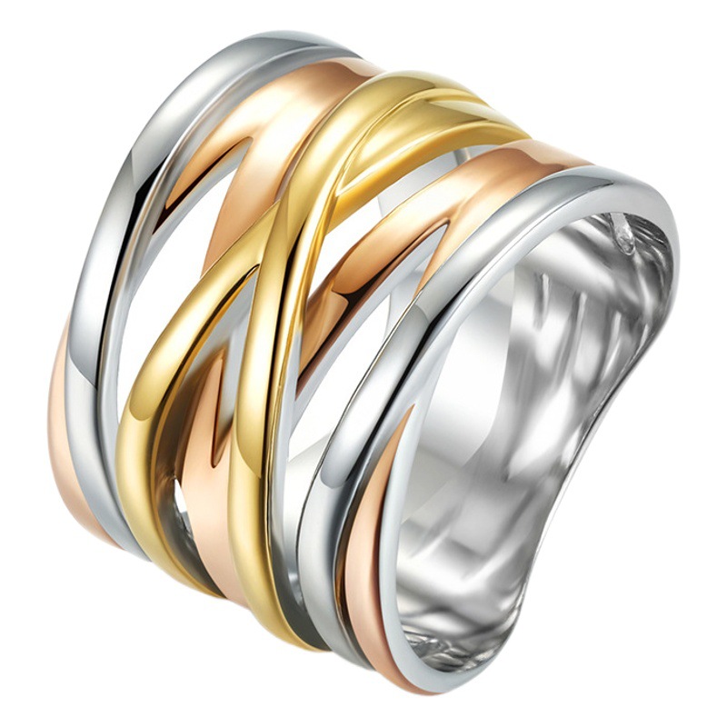 Amazon tridimensional tejido de tres colores de gradiente de acero inoxidable anillo exagerado estilo europeo y americano de acero de titanio anillo femenino mano joyería Generación de pelo