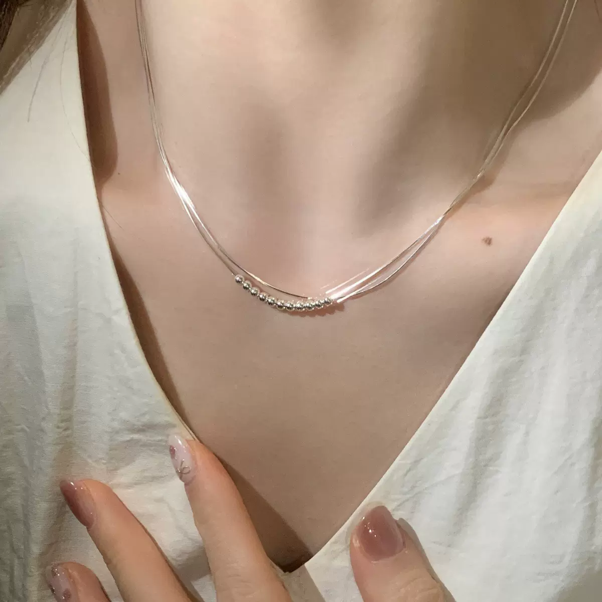 极简风纯银双层蛇骨链圆珠项链2024新款小众百搭气质高级锁骨链