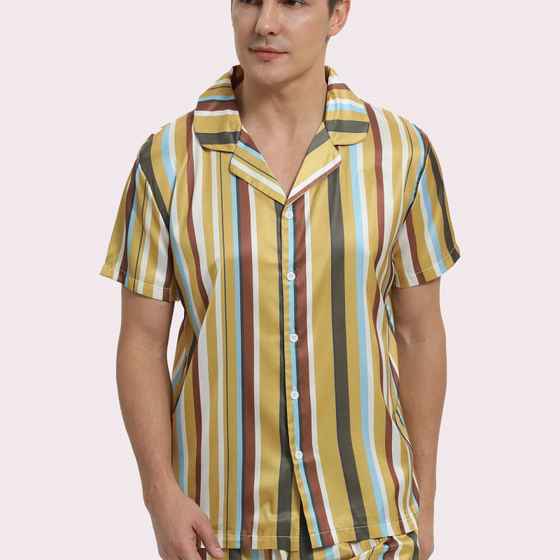 Dropshipping European and American Cross-Border Amazon Men's Satin Imitation Silk Printed Short-Sleeved Pajamas Home Wear Set