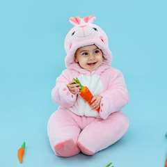 Qilute Autumn/Winter New Pink Thick Onesie for Infants and Toddlers Cute Rabbit Shape with Cotton Hooded Bodysuit