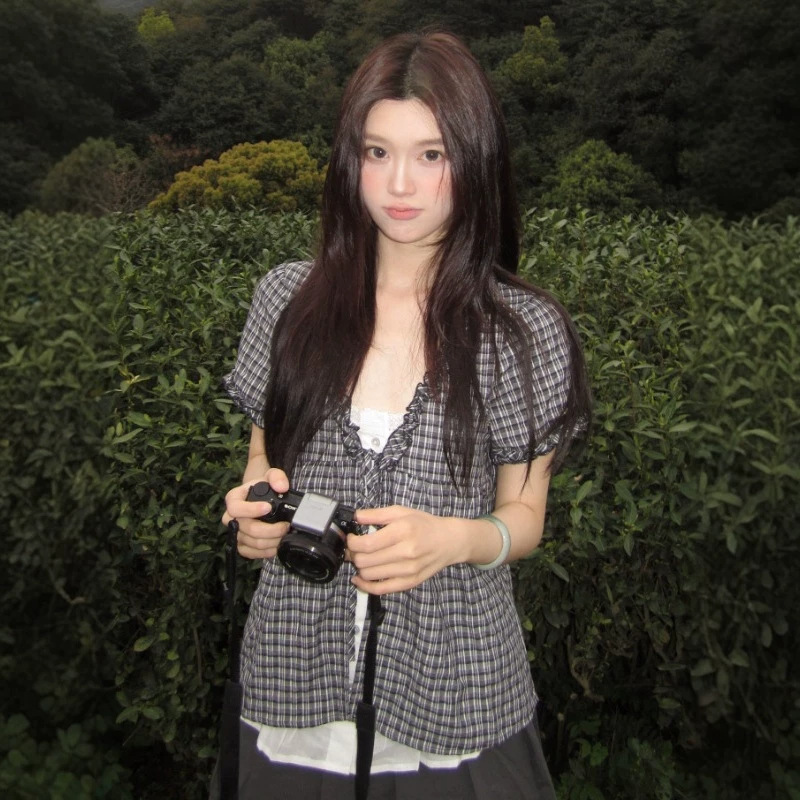 Korean-Style Faux Two-Piece Plaid Short-Sleeve Shirt for Women, 2026 New Design with Unique Ruffled Collar and Tie-Up Top Korean-Style Faux Two-Piece Plaid Short-Sleeve Shirt for Women, 2026 New Design with Unique Ruffled Collar and Tie-Up Top
