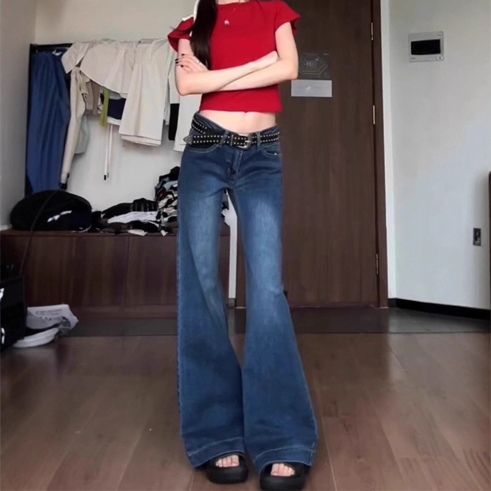 American Hot Girl Low-Waist Dark Blue Jeans for Women Spring and Autum New Retro Straight Wide-Leg Floor-Length Micro-Flared Pants