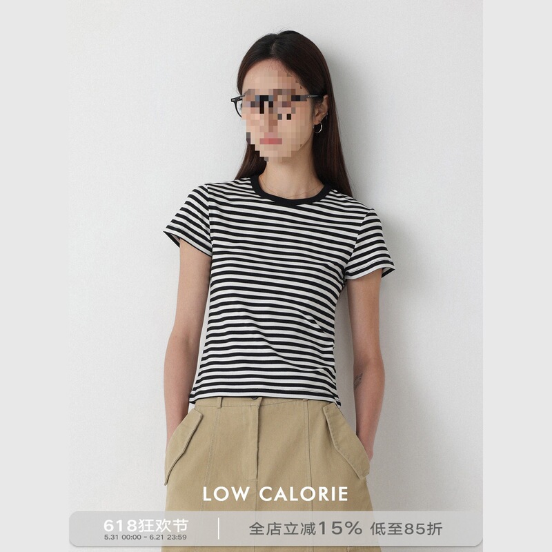 Korean Style Summer New Retro'Sea Monsoon' Short Striped Round Neck Casual Versatile Slim-Fit Short-Sleeve T-Shirt for Women