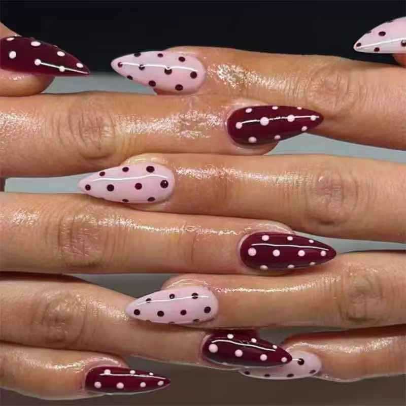 Long Almond Nails Red Polka Dot Wearable Fake Nails Cross-Border Foreign Trade Hot-Selling Manicure Contrasting Color Polka Dot Manicure