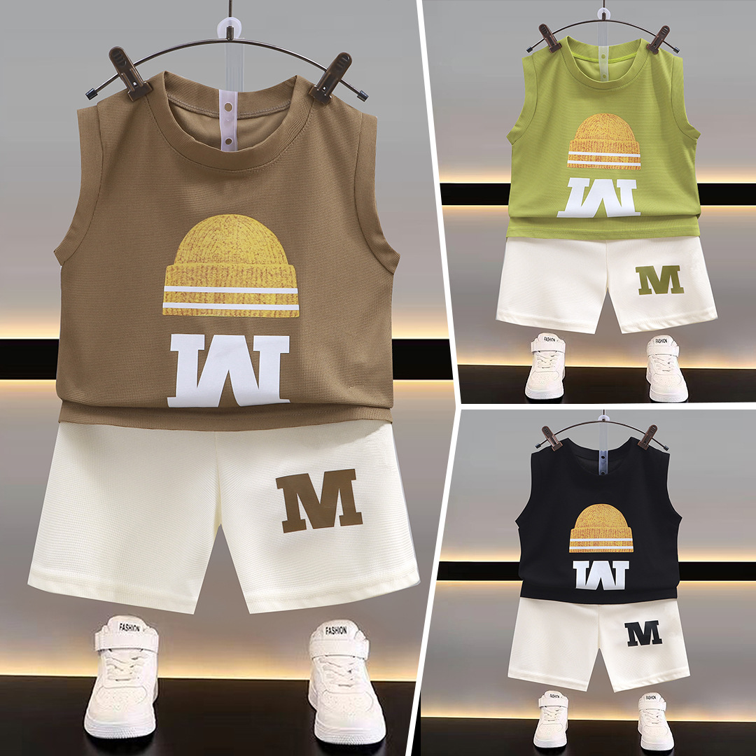 Summer New Children's Backless Outfit Set for Boys, Sleeveless Top and Short Pants, Korean Style, Two-Piece Set for Kids, Thin, Wholesale