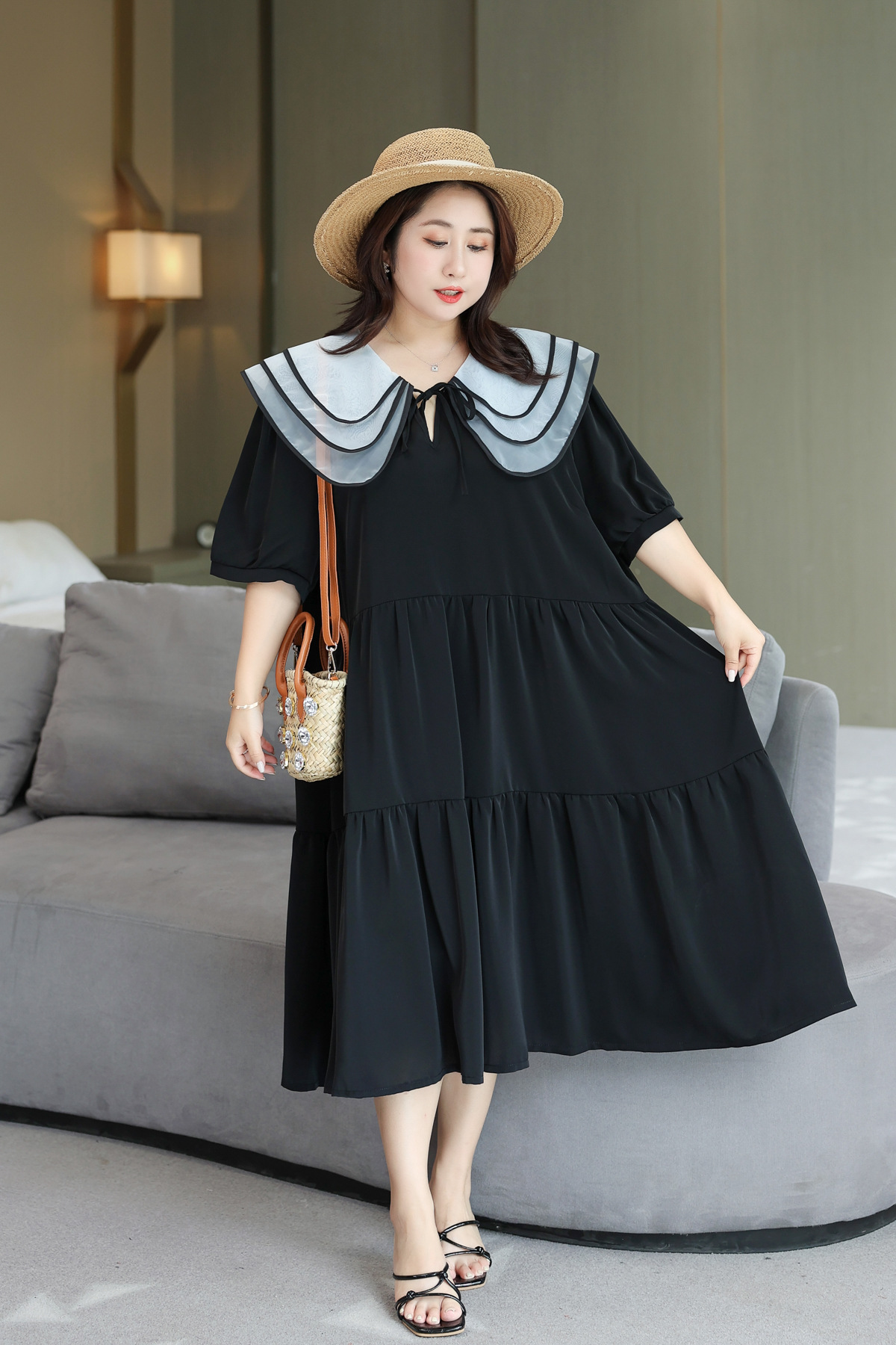 300 catties large size women's bust 150 140 plus fat plus size summer new loose doll collar slim dress