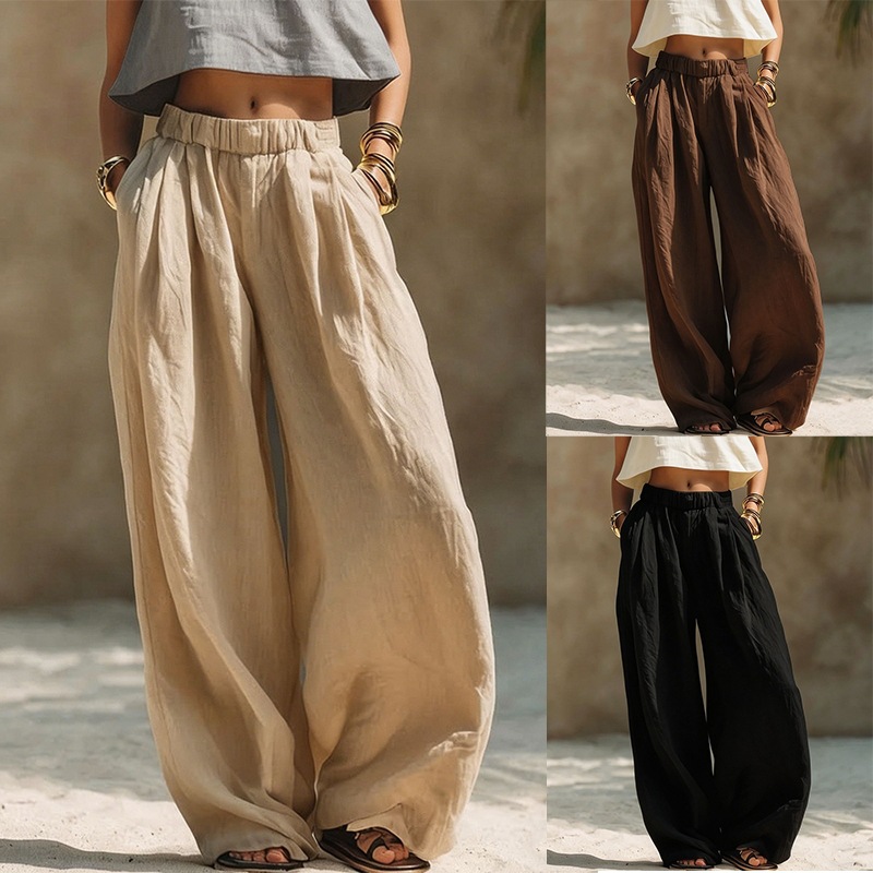 Women's Linen-Like Wide-Leg Pants With Elastic Waist - Comfortable Casual Pull-On Trousers For Summer_ecoleips.com