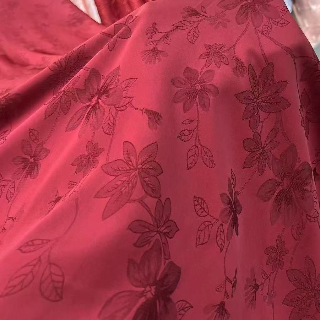 新款绸面树叶暗纹提花面料设计师女装裙装裤装古风汉服旗袍布料