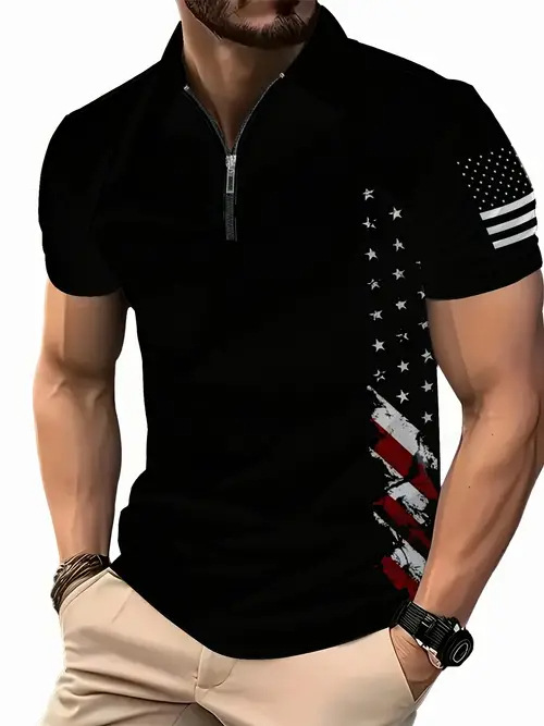 2025 nuevo estilo europeo y americano transfronterizo Amazon casual todo-fósforo patrón de bandera de manga corta cremallera camisa POLO MB13