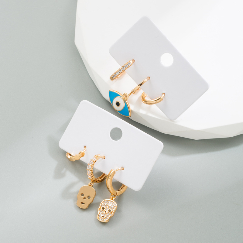 Fashion Human Face Devilu0027S Eye Copper Drop Earrings Inlay Zircon Copper Earrings 3 Pieces